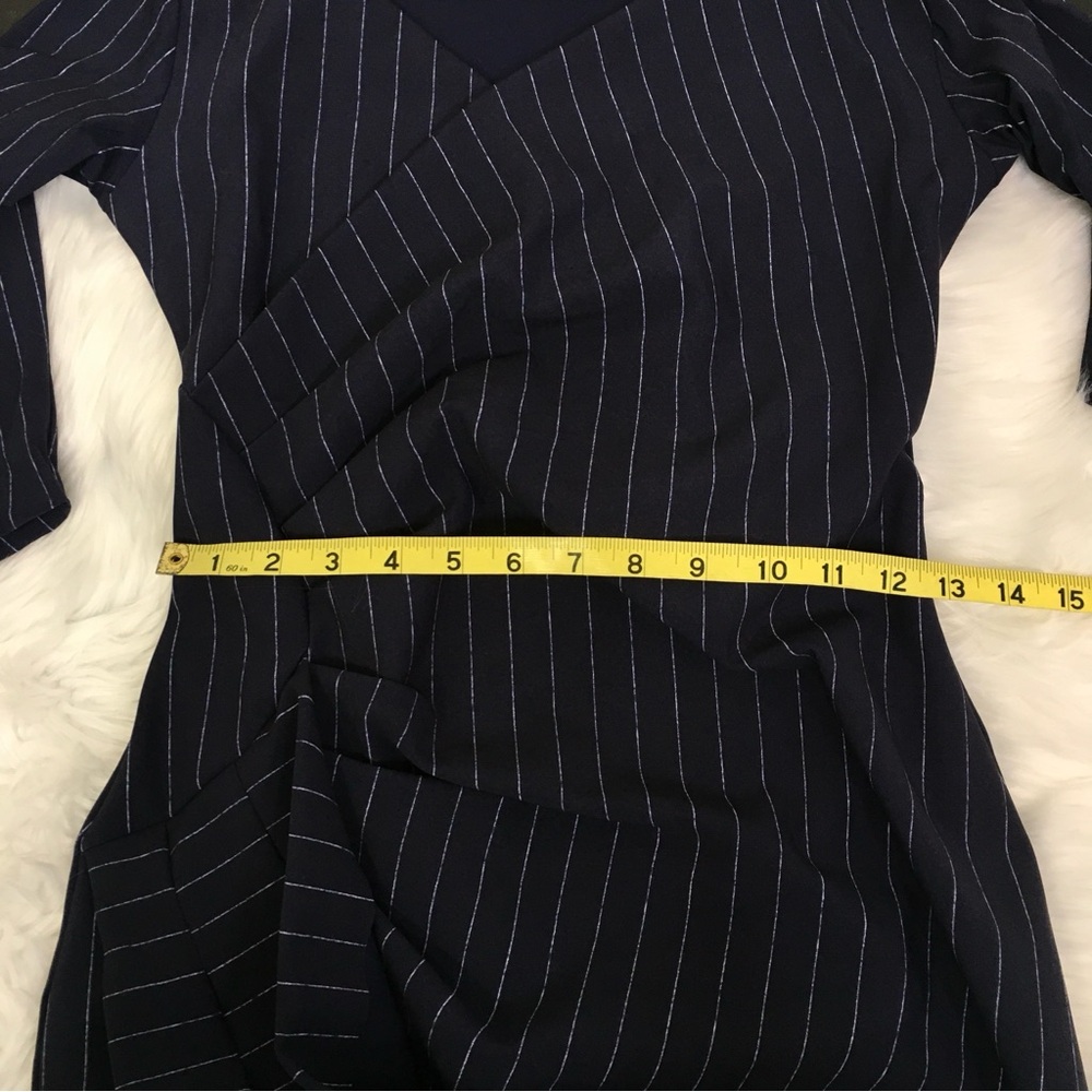 Chiara Boni Navy Blue Minna 3/4 Sleeve Pinstriped Ruched Dress Size 42 US XS - Picture 10 of 11